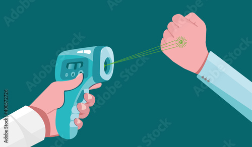 COVID-19 Coronavirus flu patient, doctor with high fever concept, holding an infrared thermometer to measure body temperature. Blue background