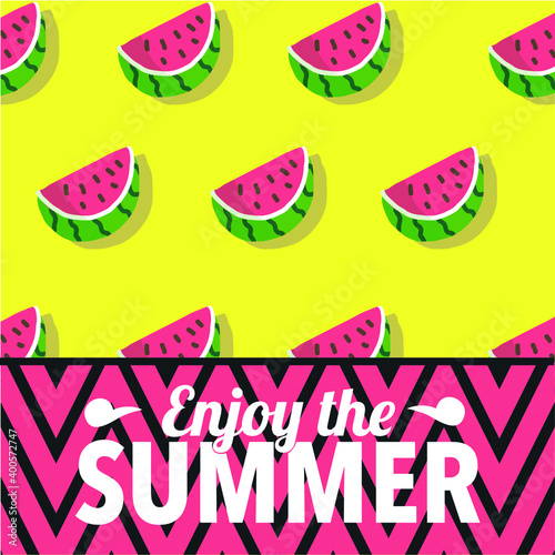 Seamless watermelons pattern. Vector background with watercolor watermelon slices. lettering on ziz zag background. ideal for women's clothing © rellasalvo
