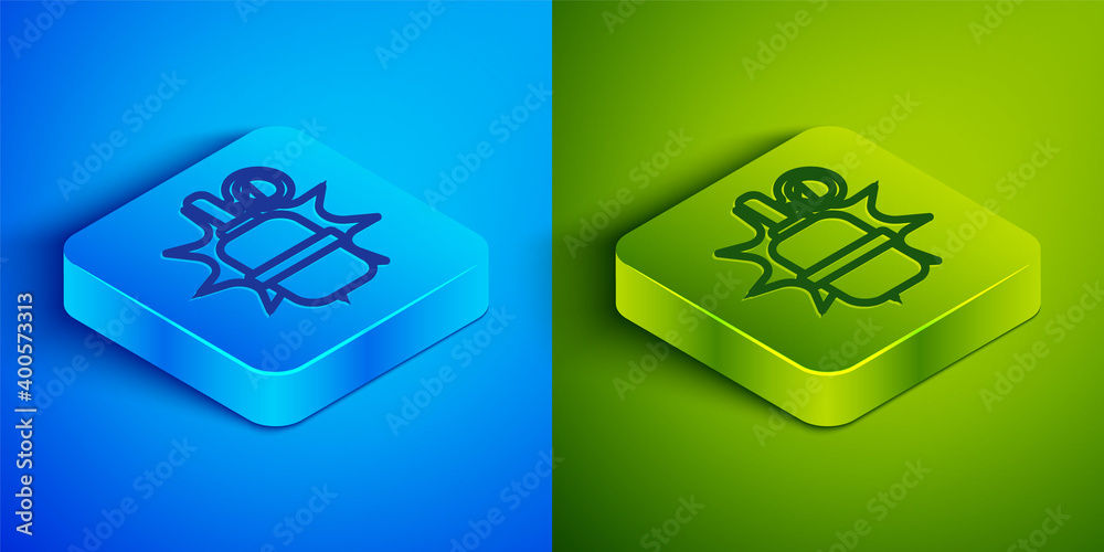 Isometric line Hand grenade icon isolated on blue and green background. Bomb explosion. Square button. Vector. Isometric line Hand grenade icon isolated on blue and green background. Bomb explosion. Square button. Vector.
