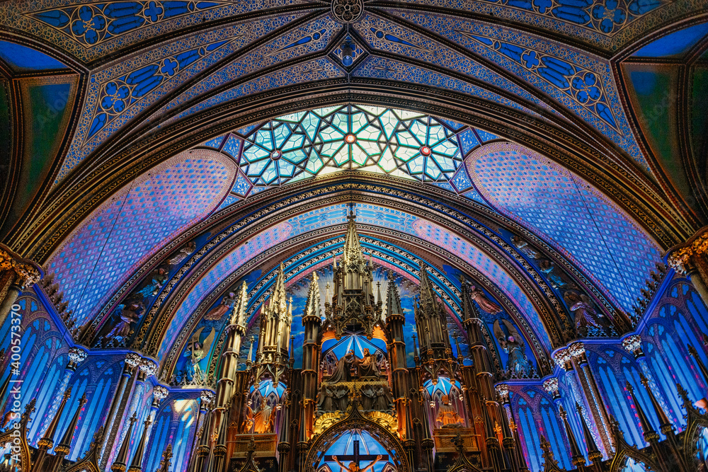 Altar and ceiling at Notre-Dame Basilica church in Montreal, Canada