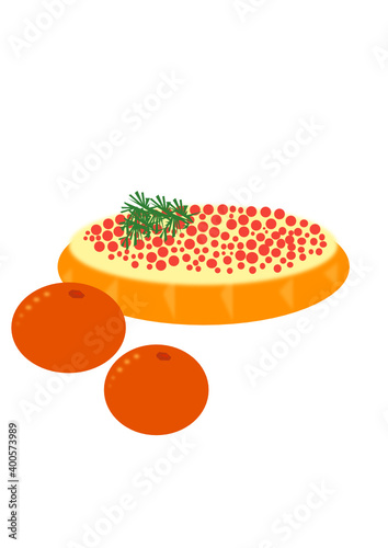  two orange sweet tangerines and a sandwich with butter and red caviar