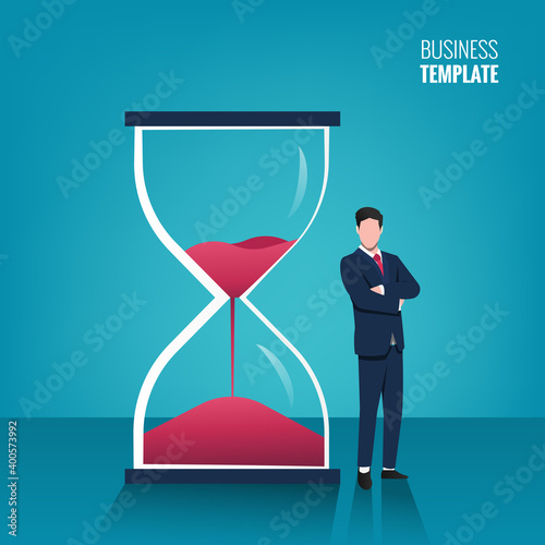 Businessman standing next to hourglass concept. Business symbol vector illustration