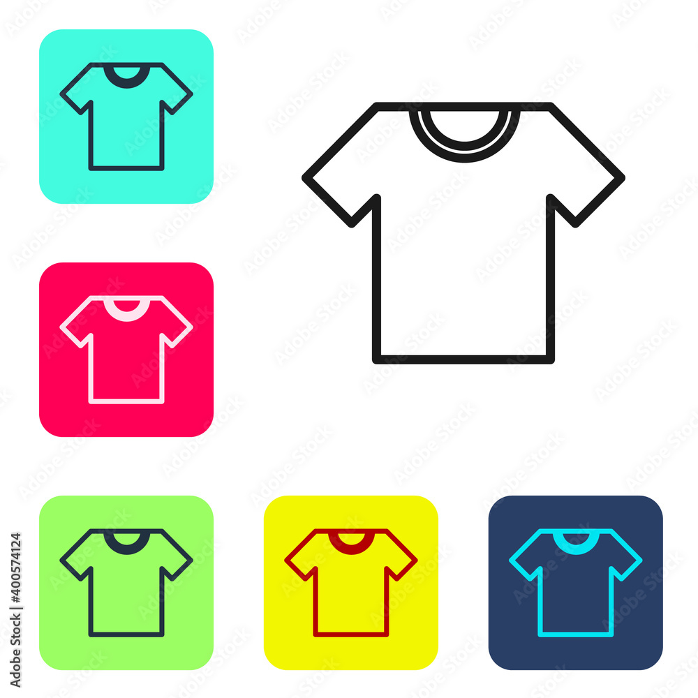 Black line T-shirt icon isolated on white background. Set icons in color square buttons. Vector. Black line T-shirt icon isolated on white background. Set icons in color square buttons. Vector.