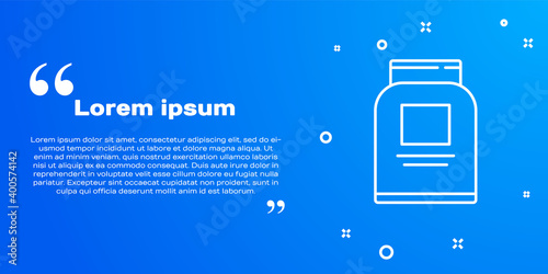 White line Sports nutrition bodybuilding proteine power drink and food icon isolated on blue background. Vector.