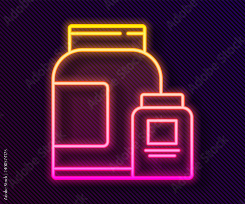 Glowing neon line Sports nutrition bodybuilding proteine power drink and food icon isolated on black background. Vector.