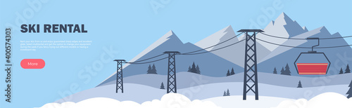 Ski Rental horizontal banner. Winter Sport. Ski resort. Winter mountain landscape with lodge, ski lift. Mountain tours conceptual web banner. Vector illustration.