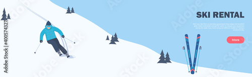 Ski Rental horizontal banner. Winter Sport. The skier rushes down the slope. Winter holidays in the mountains. Alpine skiing. Vector illustration.