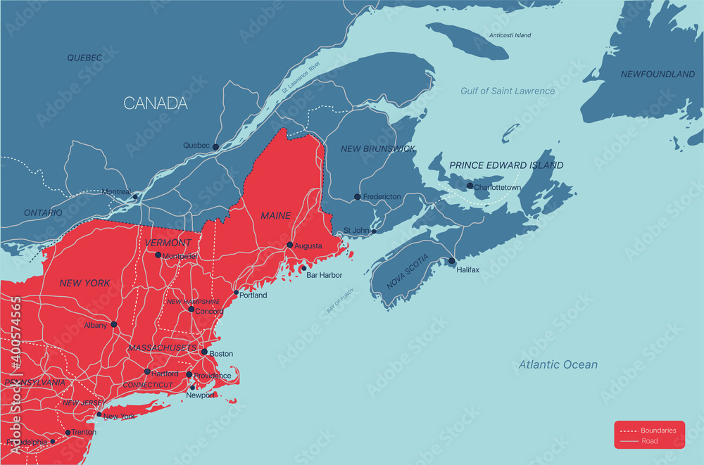 New England States PowerPoint Map, Highways, Waterways, Capital and Major  Cities - MAPS for Design