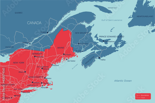New England region detailed editable map with cities and towns, geographic sites, roads, railways, interstates and U.S. highways. Vector EPS-10 file, trending color scheme photo