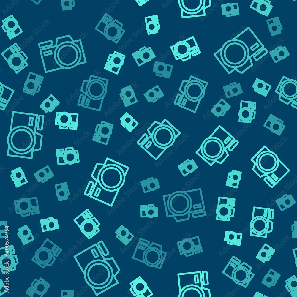 Green line Photo camera icon isolated seamless pattern on blue background. Foto camera icon. Vector. Green line Photo camera icon isolated seamless pattern on blue background. Foto camera icon. Vector.