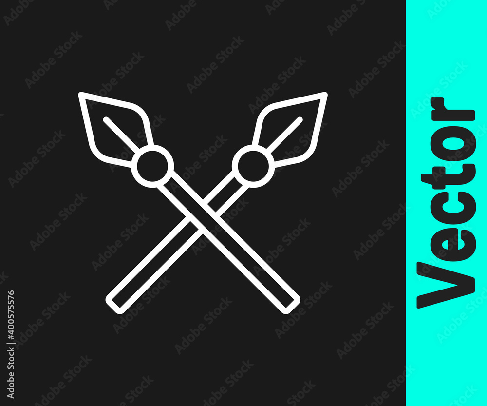 White line Crossed medieval spears icon isolated on black background. Medieval weapon. Vector. White line Crossed medieval spears icon isolated on black background. Medieval weapon. Vector.