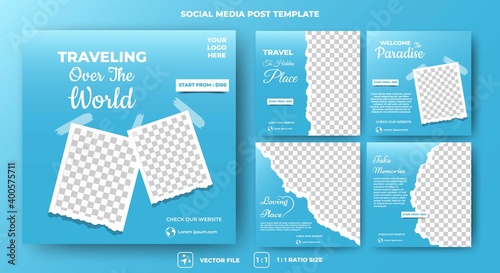 Set of the editable square banner template. Blue background color with a photo collage. Usable for social media posts, banners, and web internet ads. photo