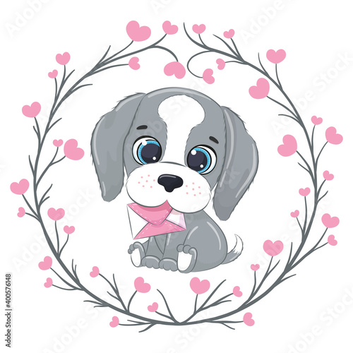 Cute little dog with letter. Happy Valentine's day clipart.