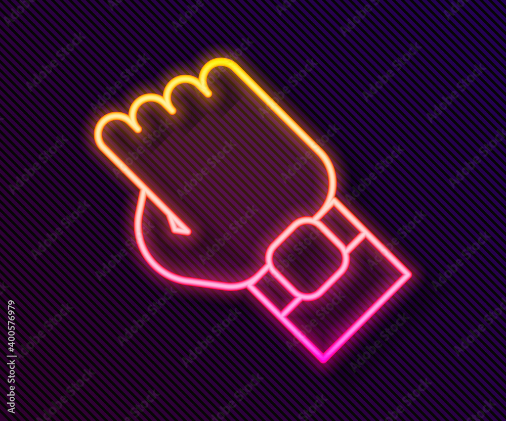 Glowing neon line Smart watch on hand icon isolated on black background. Fitness App concept. Vector.