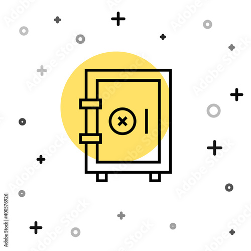 Black line Safe icon isolated on white background. The door safe a bank vault with a combination lock. Reliable Data Protection. Random dynamic shapes. Vector.