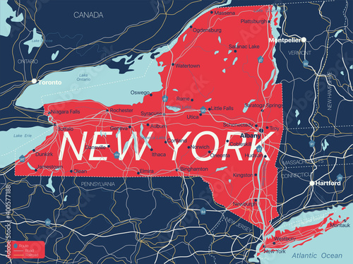 New York state detailed editable map with cities and towns, geographic sites, roads, railways, interstates and U.S. highways. Vector EPS-10 file, trending color scheme