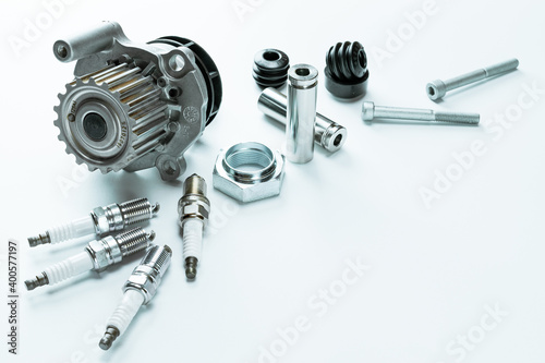 Car construct. Set of new metal car part. Auto motor mechanic spare or automotive piece isolated on white background. Technology of mechanical gear.