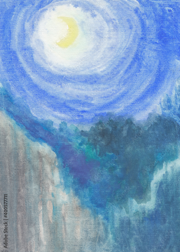 Hand drawn illustration the misty Nature background. Watercolor illustration. Mountains at the night. Beautiful sky.