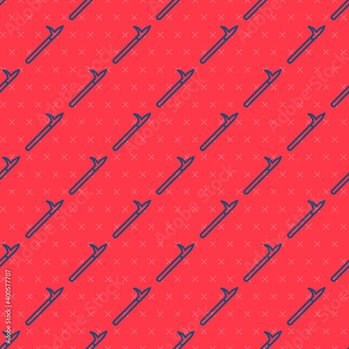 Blue line Metal pike pole with wooden handle icon isolated seamless pattern on red background. Spear, pickaxe, hook hand extinguishing instrument and tool for fireman. Vector.
