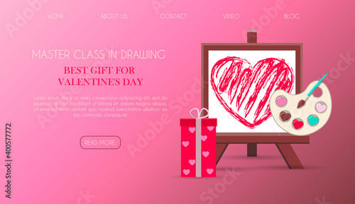 Website page with a gift for Valentine s Day. Romantic picture in pink, turquoise and red. Master class on drawing pictures and ordering works of art for the holiday of all lovers. Vector illustration