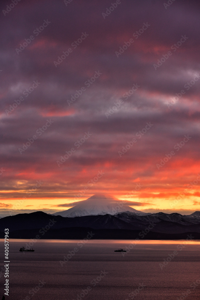 Beautiful sunset on Avacha Bay in Kamchatka