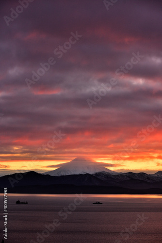 Beautiful sunset on Avacha Bay in Kamchatka