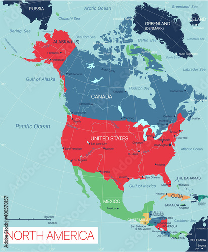 Photo North America detailed editable map with cities and towns, geographic sites