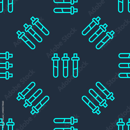 Green line Reagent bottle for physics and chemistry icon isolated seamless pattern on blue background. Vector.