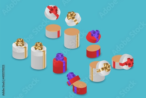 Isometric composition. Open and closed white and red gift boxes with golden, violet and red ribbons.