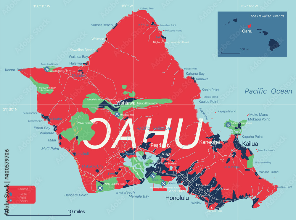 Oahu island detailed editable map with cities and towns, geographic sites, roads, interstates and U.S. highways. Vector EPS-10 file, trending color scheme