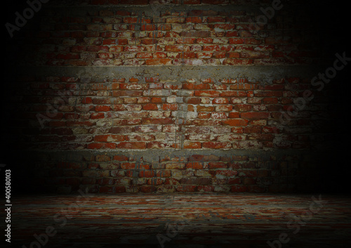 Old and bumpy concrete bricks on back wall and floor with vignett effect 3d rendering photo