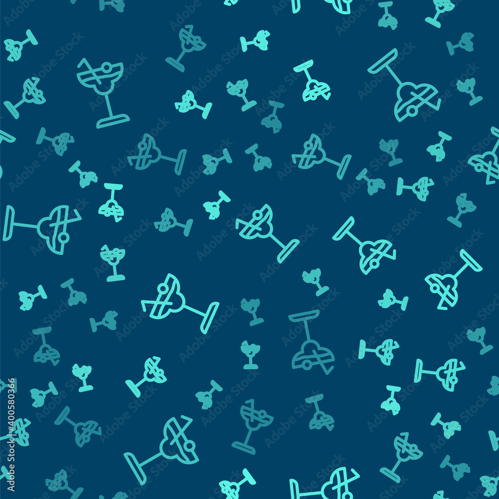Green line Cocktail and alcohol drink icon isolated seamless pattern on blue background. Vector.
