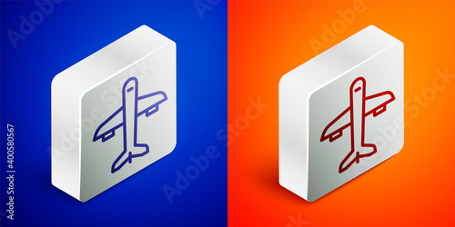 Isometric line Plane icon isolated on blue and orange background. Flying airplane icon. Airliner sign. Silver square button. Vector.