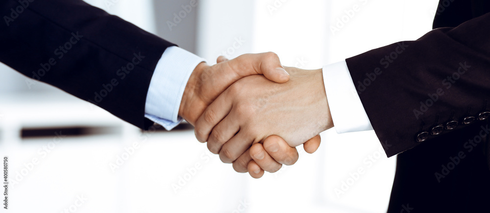 Business people shaking hands after contract signing while standing in a modern office. Teamwork and handshake concept