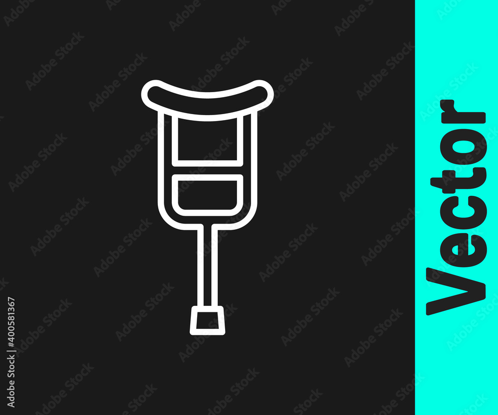 White line Crutch or crutches icon isolated on black background. Equipment for rehabilitation of people with diseases of musculoskeletal system. Vector. White line Crutch or crutches icon isolated on black background. Equipment for rehabilitation of people with diseases of musculoskeletal system. Vector.