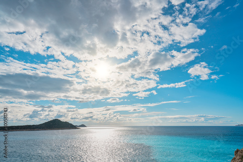 Sea Panorama. Beautiful blue sky and white clouds. Bright colors