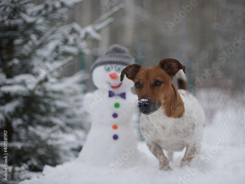 Fototapeta Naklejka Na Ścianę i Meble -  A snowman stands on a table near the Christmas tree.