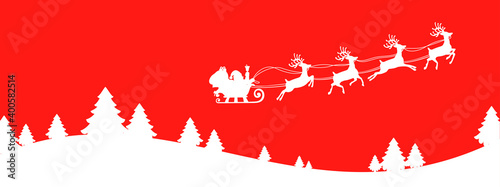 Santa Claus flying on Christmas sleigh in the night on red background, Christmas card decoration – vector