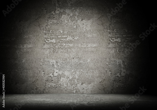 Old aged room with plaster peeled paints onf wall and floor great grunge texture background 3d rendering photo