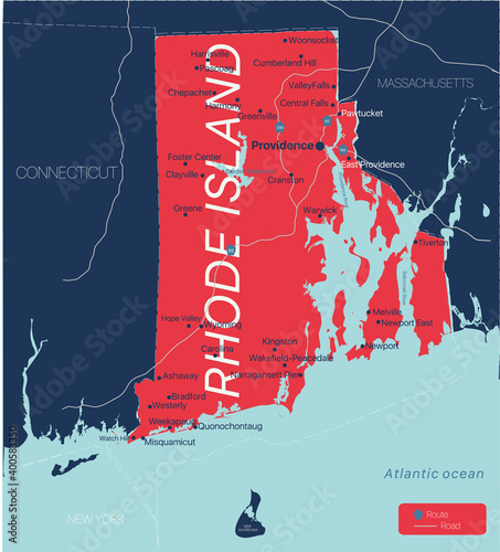 Rhode Island state detailed editable map with cities and towns, geographic sites, roads, railways, interstates and U.S. highways. Vector EPS-10 file, trending color scheme