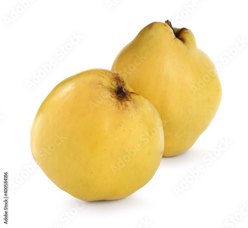 Delicious ripe fresh quinces on white background