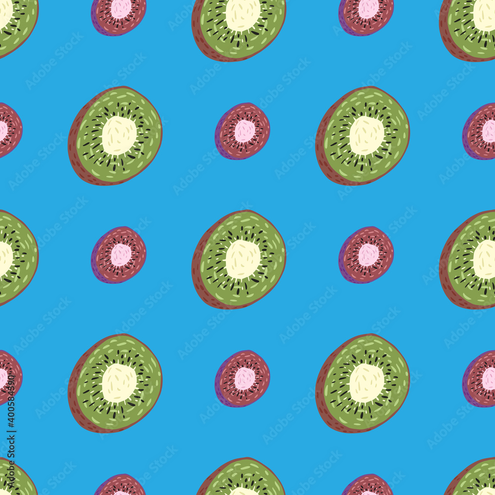 Contrast seamless pattern with doodle green and pink kiwi slices. Blue background. Funny design. Contrast seamless pattern with doodle green and pink kiwi slices. Blue background. Funny design.