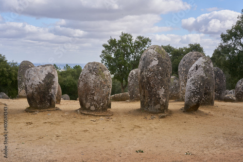 Cromlech of Almendres megalithic stone complex with cork trees in Alentejo, Portugal