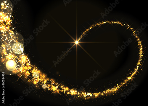 Golden lighting sparkle trail, glittering shiny. Vector illustration of gold smoke stream on black background. Glowing stardust wave, glitter spark or magical starry light.