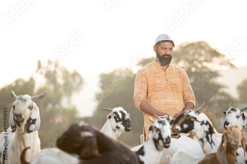 Photography Muslim shepherd man with herd of goat on field