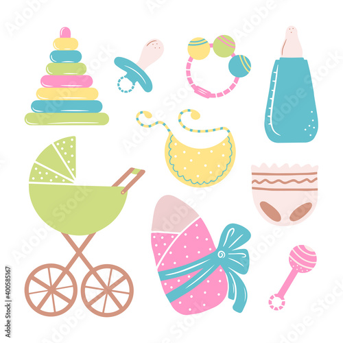 Set of hand drawn colorful children s toys and accessories for babies isolated on a white background. Simple illustration in the flat style that can be used for decoration of textile  paper.