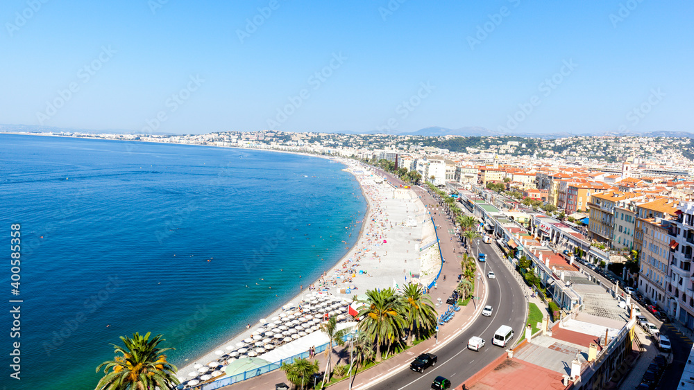 Panoramic view of the sea coast in the morning in Nice, France. 