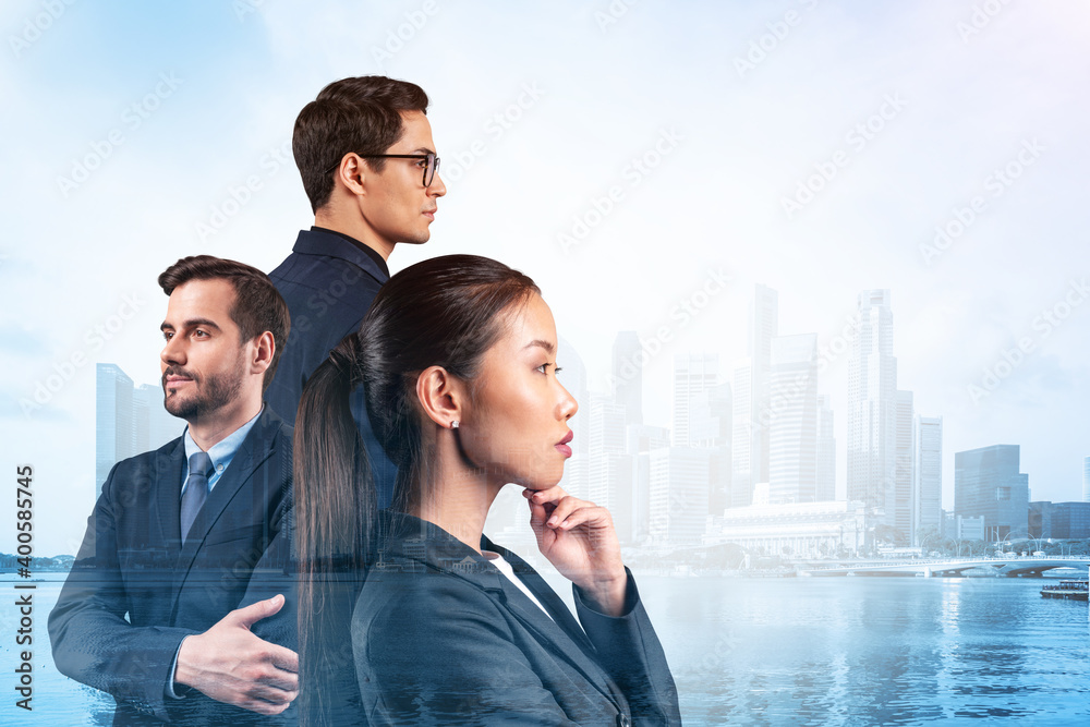 Group of three business colleagues in suits dreaming about new career opportunities after MBA graduation. Concept of multinational corporate team. Singapore on background. Double exposure. Group of three business colleagues in suits dreaming about new career opportunities after MBA graduation. Concept of multinational corporate team. Singapore on background. Double exposure.