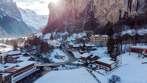 The famous snow-capped village of Lauterbrunnen, Switzerland. 