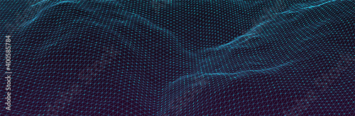 Cyber grid background. Wireframe triangle surface. 3d computer render. Thin line sci-fi landscape. Vector backdrop